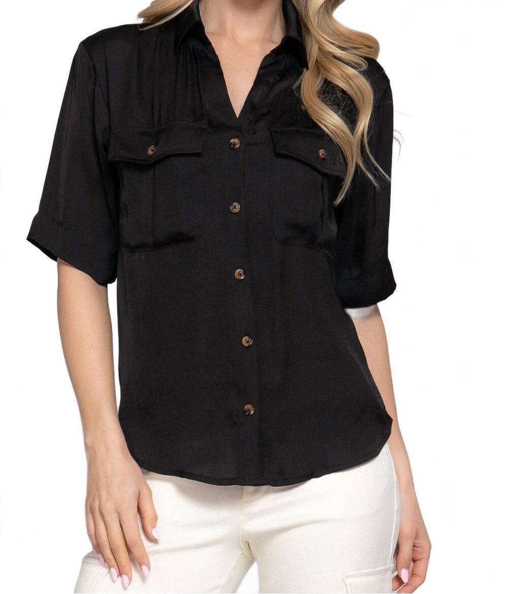NEW ACTIVE BASIC satin button down shirt in black
